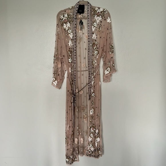 River Island Pink Mesh Sequin Embellished Longline Kimono Dress Cover Up NWT - Picture 3 of 16